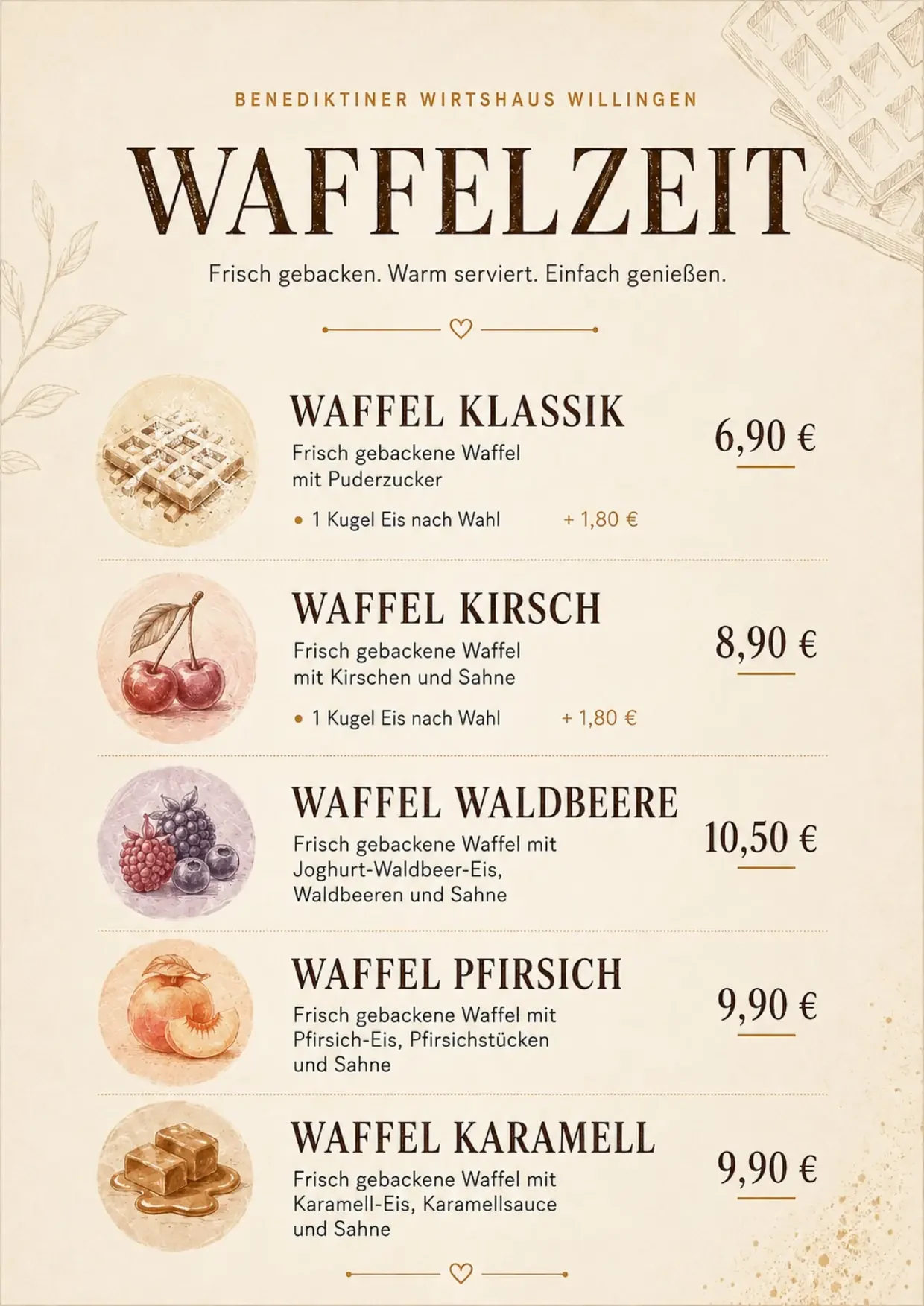 Wafelkaart: Klassiek, Kers, Bosvrucht, Perzik en Karamel met prijzen